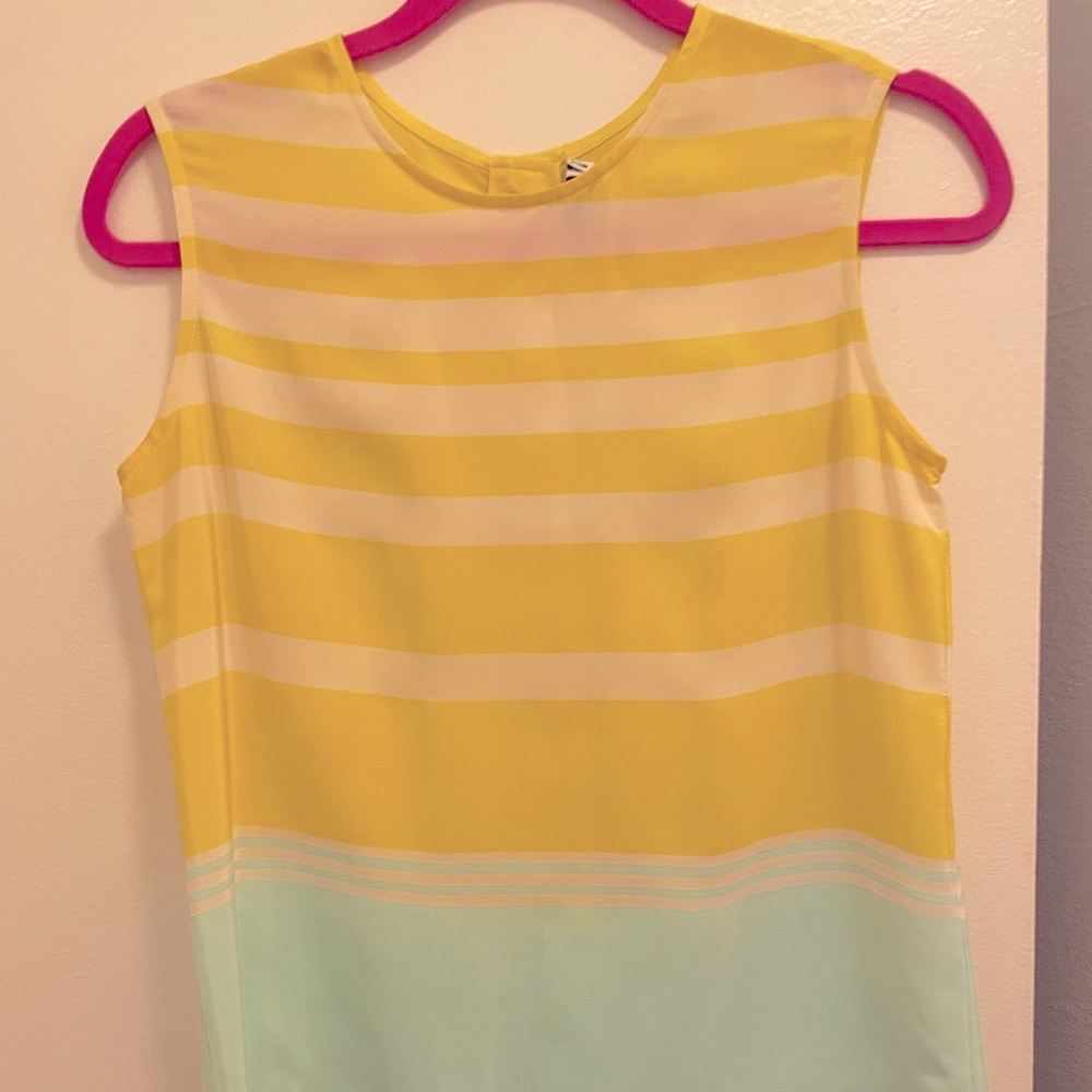Equipment tank top blouse. Yellow blue and white stripes, button up back detail